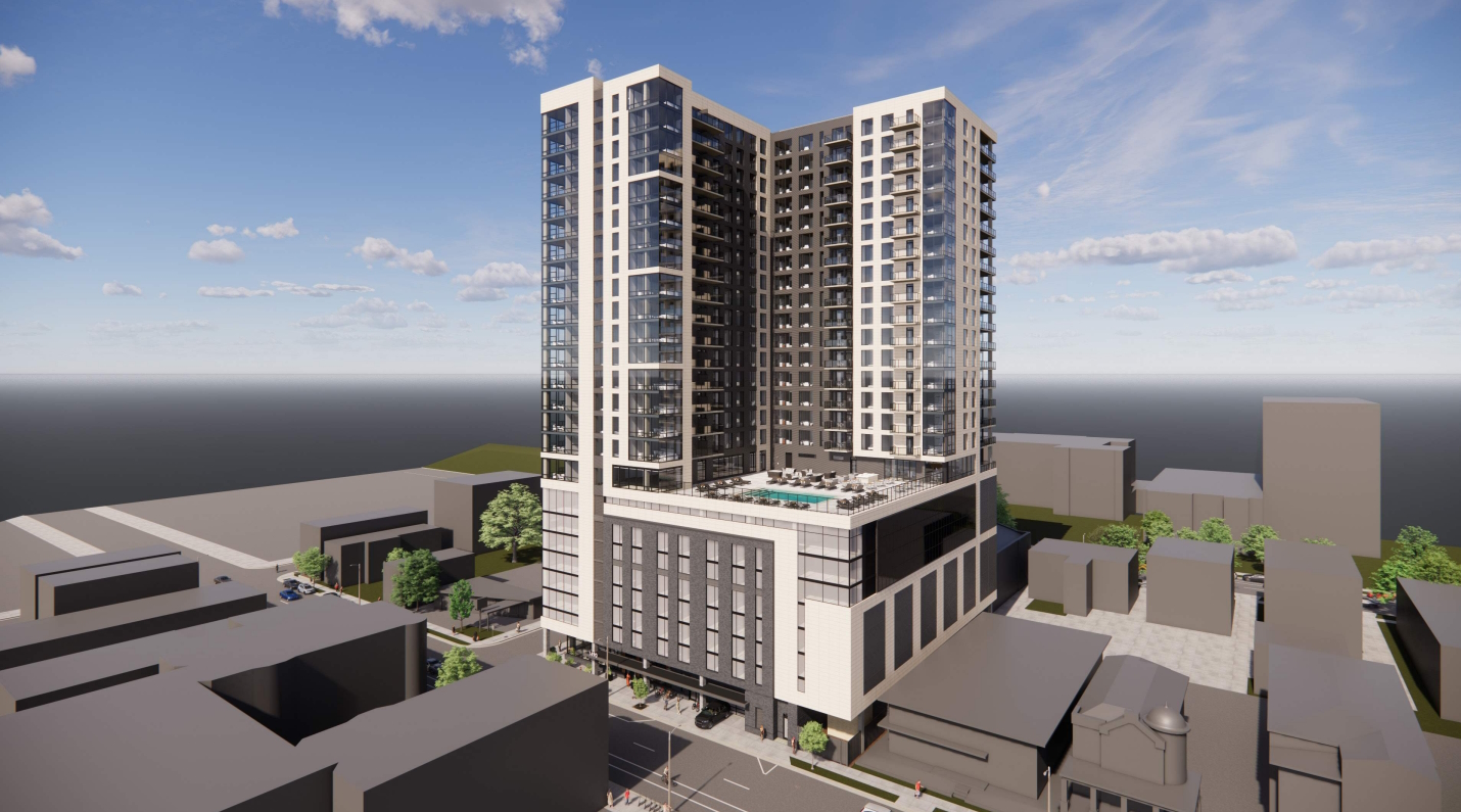Looking east at proposed apartment tower, 1490 N. Farwell Ave. Rendering by Korb + Associates Architects.