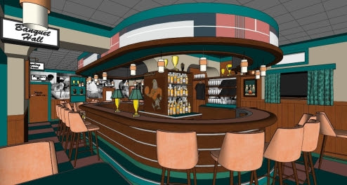 The interior redesign at Falcon Bowl, 801 E. Clarke St., has a mid-century modern style. Rendering courtesy of Falcon Bowl.