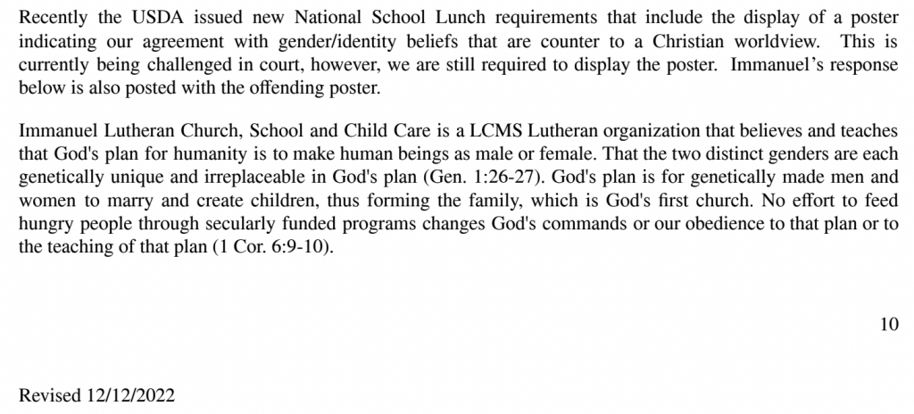 A screenshot from the handbook of Immanuel Lutheran School in Brookfield, Wis. shows that the private school, which has 71% of its students on taxpayer-funded vouchers, displays a poster countering an anti-discrimination statement from the U.S. Department of Agriculture, which funds free and reduced lunch at the school. (Screenshot from Immanuel Brookfield’s handbook)