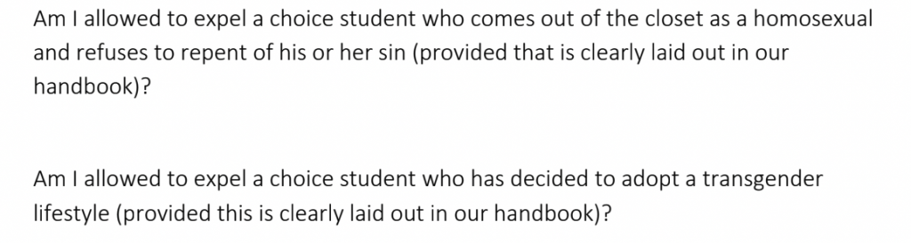 An excerpt from a 2020 email sent to the Wisconsin Department of Public Instruction, obtained through open records, shows that Trinity Lutheran’s Rev. Brett Naumann asked the agency if, upon joining the voucher program, he could expel students who came out as gay or transgender. DPI responded it is legal under state law. (Screenshot of an email from Pastor Brett Naumann to Department of Public Instruction)