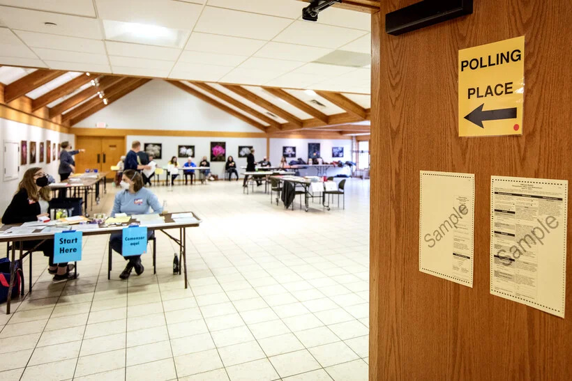 Poll workers are set up for voters Tuesday, April 4, 2023, at Olbrich Botanical Gardens in Madison, Wis. Angela Major/WPR