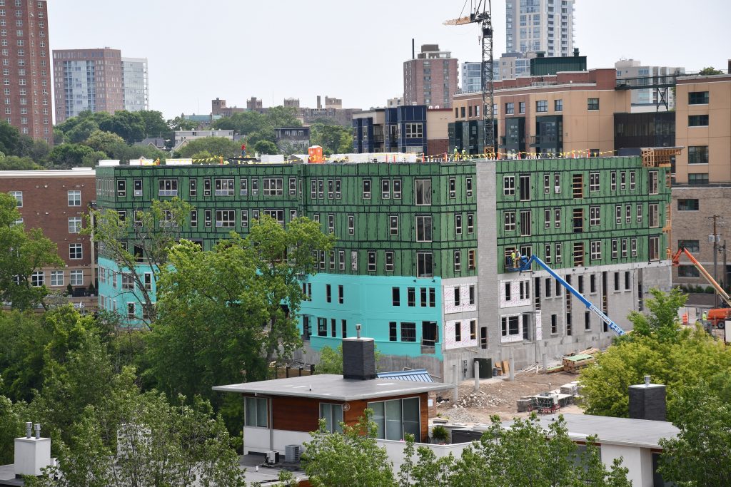 Construction is progressing on the EIGHTEEN87 on Water apartments. Photo by Jeramey Jannene.