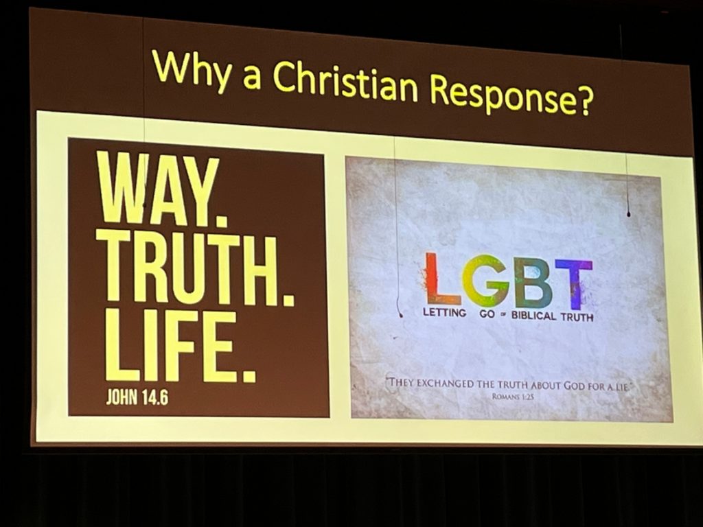 A slide from clinical psychologist Beverly Yahnke’s anti-transgender presentation at Sheboygan Lutheran High School on April 19, 2023, riffs on the acronym LGBT — which stands for lesbian, gay, bisexual and transgender — as “letting go of Biblical truth.” (Phoebe Petrovic / Wisconsin Watch)
