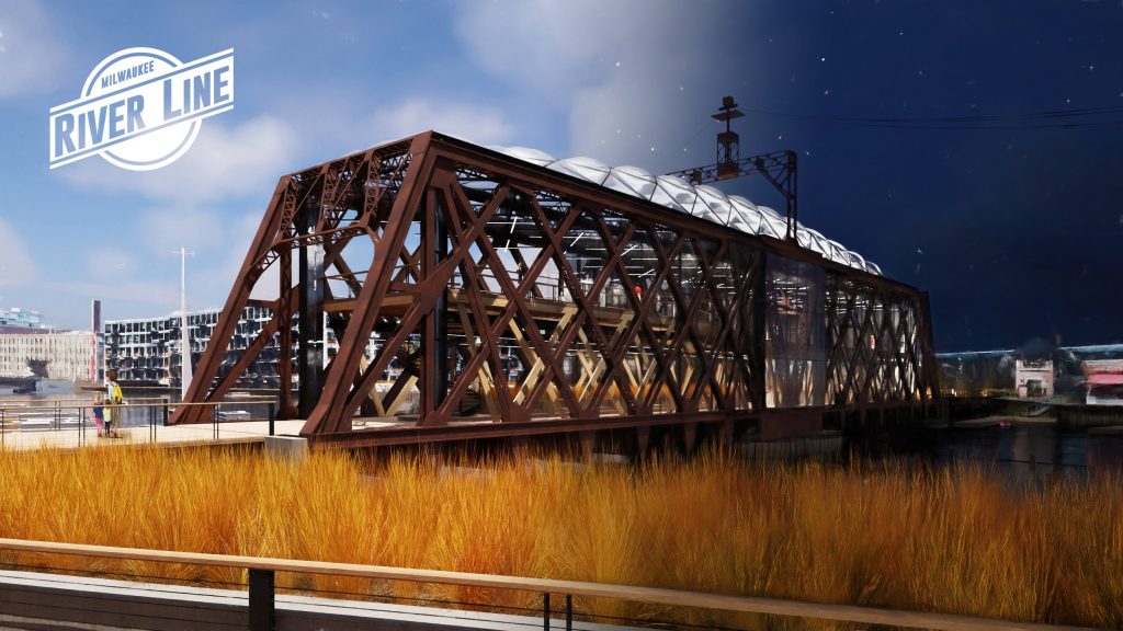 Milwaukee River Line proposal for Historic Third Ward Swing Bridge. Rendering by John Everitt.