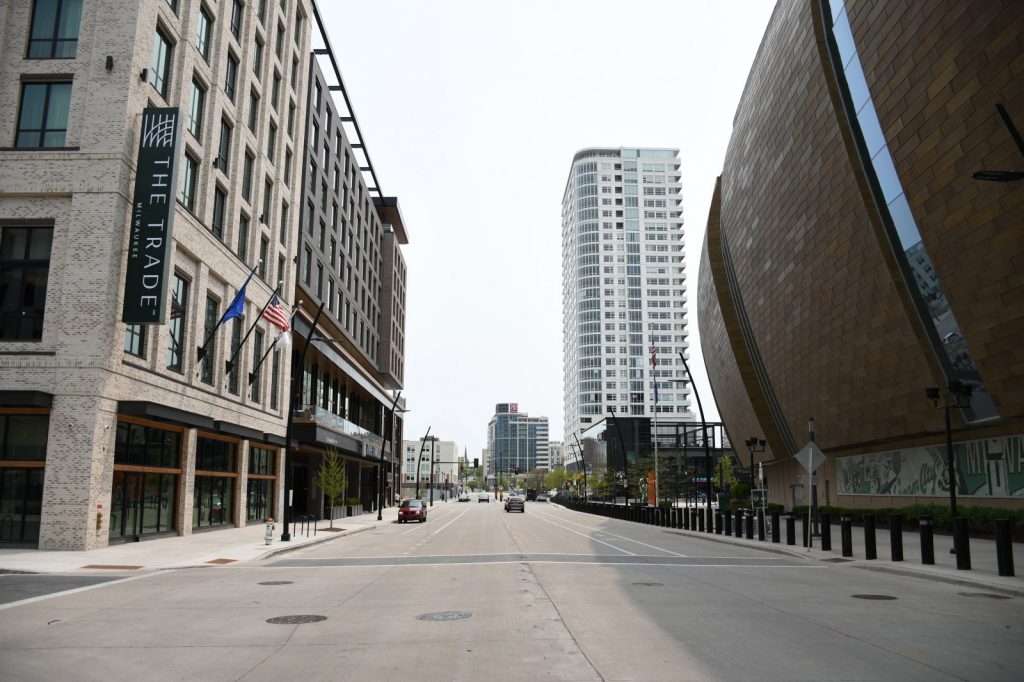 The Trade hotel (left) and Fiserv Forum (right). Photo by Jeramey Jannene.