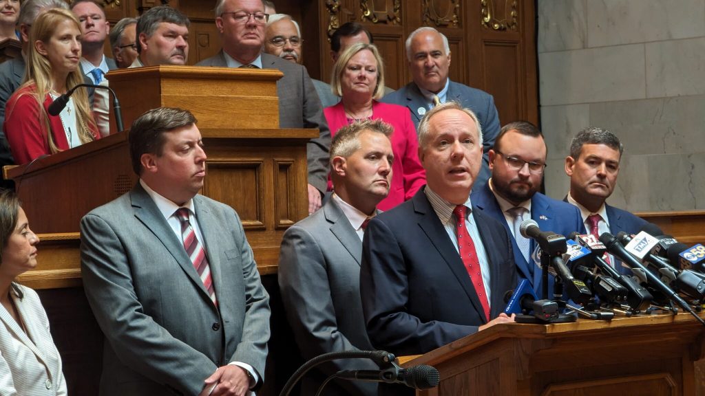 Assembly Speaker Robin Vos (R-Rochester) answered question at a press conference ahead of Assembly Republicans passing the budget bill on June 29, 2023. (Baylor Spears | Wisconsin Examiner)