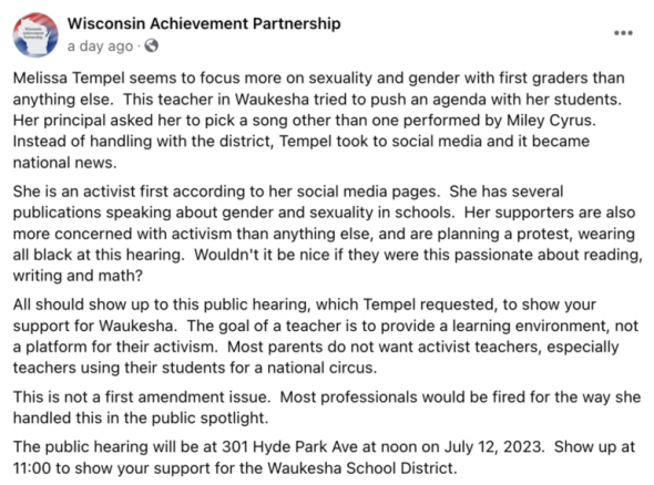 Wisconsin Achievement Partnership Facebook post. (Click on image to enlarge in a new window.)