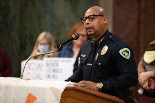 Madison Police Chief Shon Barnes says his department’s safety-focused culture leads to fewer high-speed pursuits. Here, he speaks at a press event for the Wisconsin Coalition for Safe Roads inside the Wisconsin State Capitol on Feb. 21, 2023. (Amena Saleh / Wisconsin Watch)