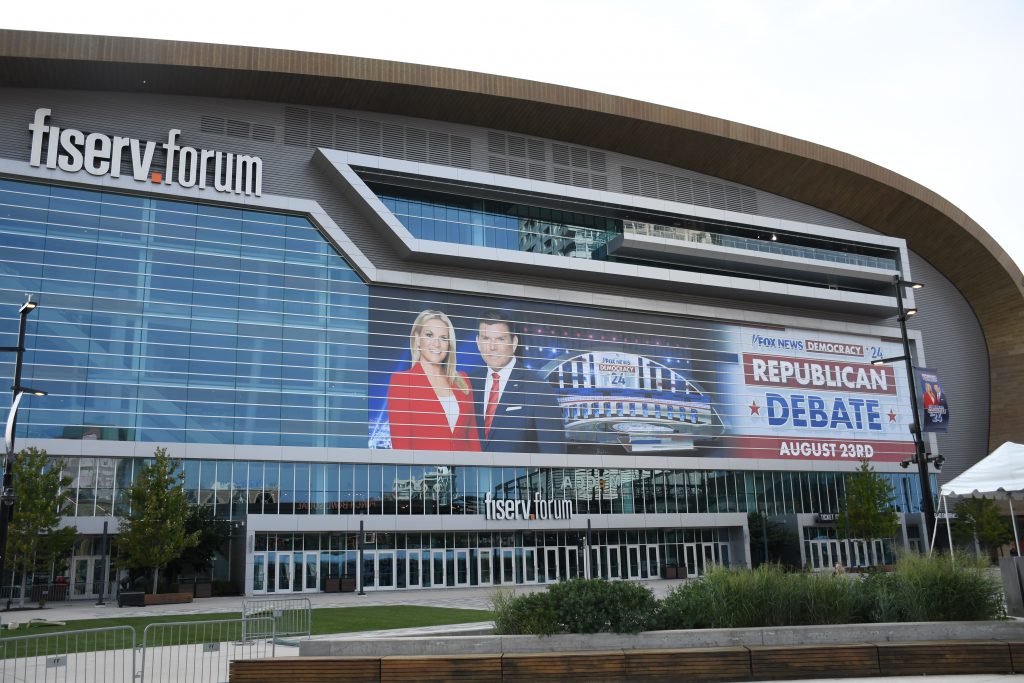Fiserv Forum with branding for the 2023 GOP presidential debate. Photo by Jeramey Jannene.