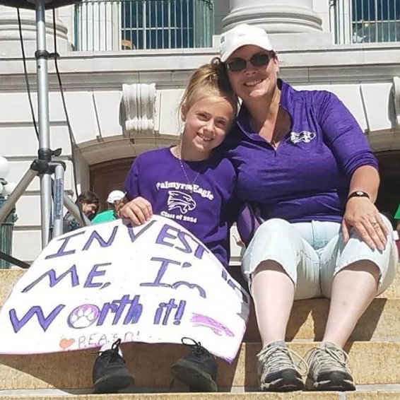 Bailey LeRoy and her mother, Tara LeRoy, participated in a march on the Capitol in 2019 to publicize the funding needs of the state's schools. Bailey was a fifth grader at Palmyra-Eagle Elementary, which was closed by the district in 2020 because of lack of funds. (Photo courtesy of Tara LeRoy.)