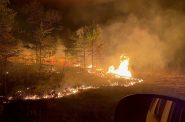 A wildfire continues to burn in northern Monroe County on Thursday, April 13, 2023. DNR officials said the fire's intensity died down in the evening, allowing firefighters to increase containment lines. Photo courtesy of the Wisconsin Department of Natural Resources