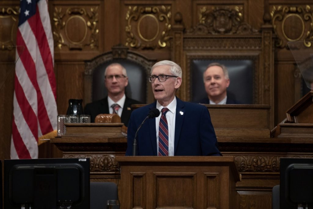 Wisconsin Gov. Tony Evers, seen at the State of the State address, Jan. 24, 2023, in Madison, Wis., has issued his first vetoes of the legislative session. Assembly Republicans led by Speaker Robin Vos, right, aren’t saying whether they would try to override the veto if Democratic members are absent. (Amena Saleh / Wisconsin Watch)