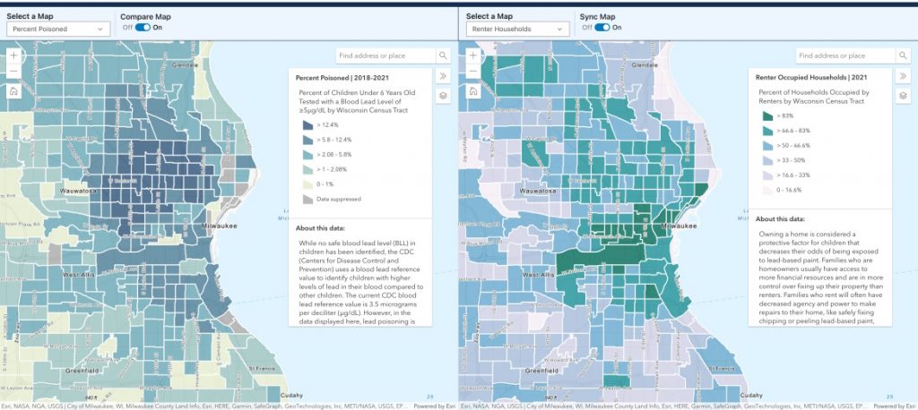 Screenshots from the Wisconsin DHS Childhood Lead Poisoning Data Explorer shows how high childhood lead poisoning rates in and around Milwaukee correlate to areas where more people rent. The agency’s data explorer allows users to compare lead poisoning rates across Wisconsin to a range of other demographic measures. Slide the arrow to compare data for renter occupied households in Milwaukee with the percent of children under 6 years old who tested high for lead.