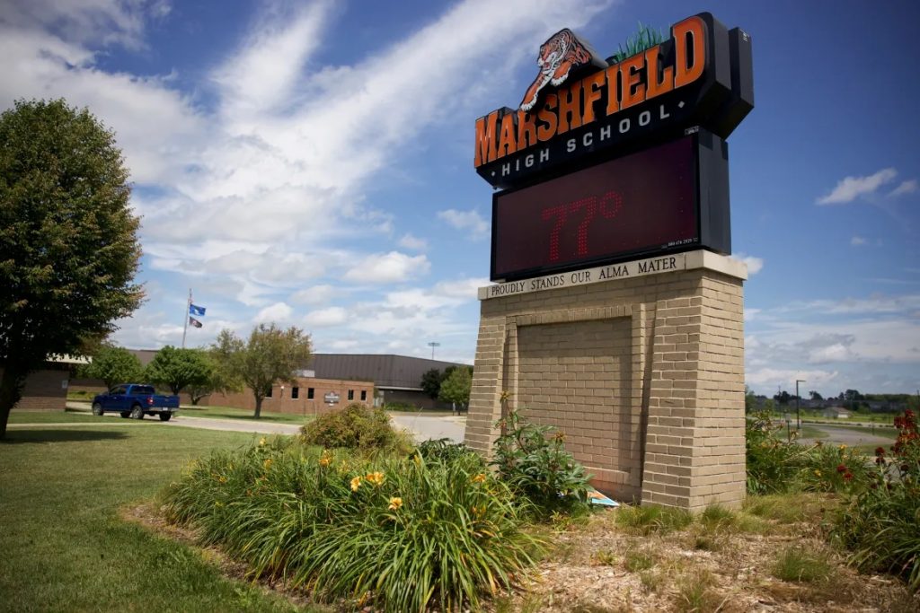 Marshfield High School in Wood County, Wis., discontinued the practice of recognizing a valedictorian in 1993. Members of the Wood County Moms for Liberty group want to reinstate the recognition. (Drake White-Bergey / Wisconsin Watch)