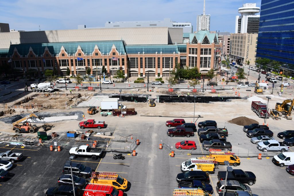 Vel R. Phillips plaza construction in front of the Baird Center. Photo by Jeramey Jannene.