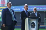 Robert Brooks (left), Robin Vos and Dan Feyen on Monday unveiled a funding plan for American Family Field.