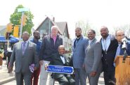 Dr. Lester Carter poses with then-Mayor Tom Barrett, Ald. Khalif Rainey, then Council President Ashanti Hamilton, Ald. Russell W. Stamper, II and others at his 2018 street renaming ceremony. Photo from the City of Milwaukee Public Information Division.