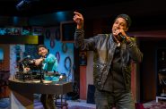 Milwaukee Repertory Theater presents Parental Advisory: a breakbeat play in the Stiemke Studio September 26 – October 29, 2023. Pictured: Amir Abdullah (foreground) and Marvin Quijada. Photo by Michael Brosilow.