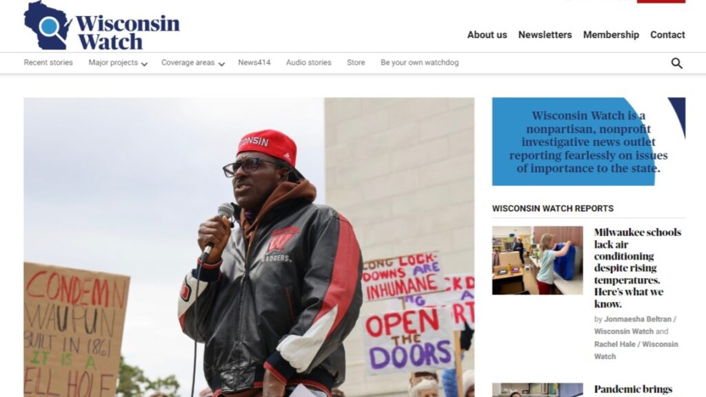 The home page of the nonprofit investigative journalism outlet Wisconsin Watch, where employees announced Monday they would seek union representation. (Screenshot | Wisconsin Watch homepage)