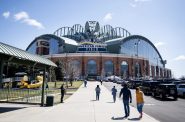 Fans walk into American Family Field to watch the Brewers’ season opener Thursday, April 1, 2021, in Milwaukee. Angela Major/WPR