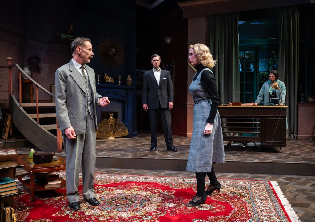 Milwaukee Repertory Theater presents Dial M for Murder in the Quadracci Powerhouse November 14 – December 17, 2023. Pictured Jonathan Wainwrigth, Marcus Truschinski, Amanda Drinkall and Lipica Shah. Photo by Michael Brosilow.