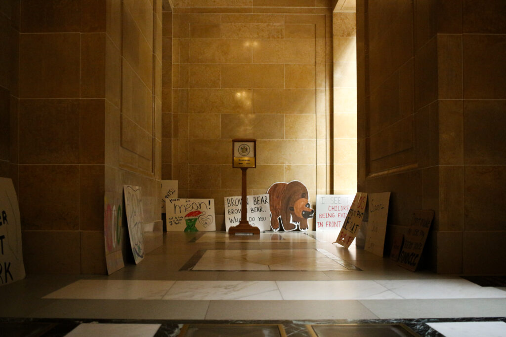 Protester's signs line the halls of the Wisconsin Capitol during a Sept. 20 special session for child care funding and other investments. Republicans took no action, but later rewrote Gov. Tony Evers' proposal. Evers vetoed the revised bill Monday. Photo by Henry Redman by Wisconsin Examiner.