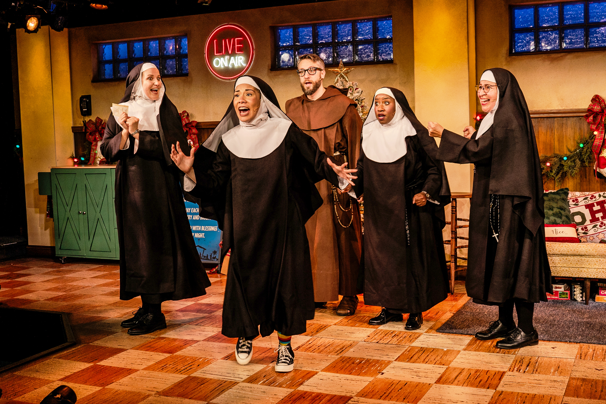 Milwaukee Repertory Theater presents Nuncrackers in the Stackner Cabaret November 3, 2023 – January 7, 2024. Pictured R-L Katie Kallaus, Ashley Oviedo, Seth K. Hale, Meka King, Isabel Quintero. Photo by Jenn Udoni.