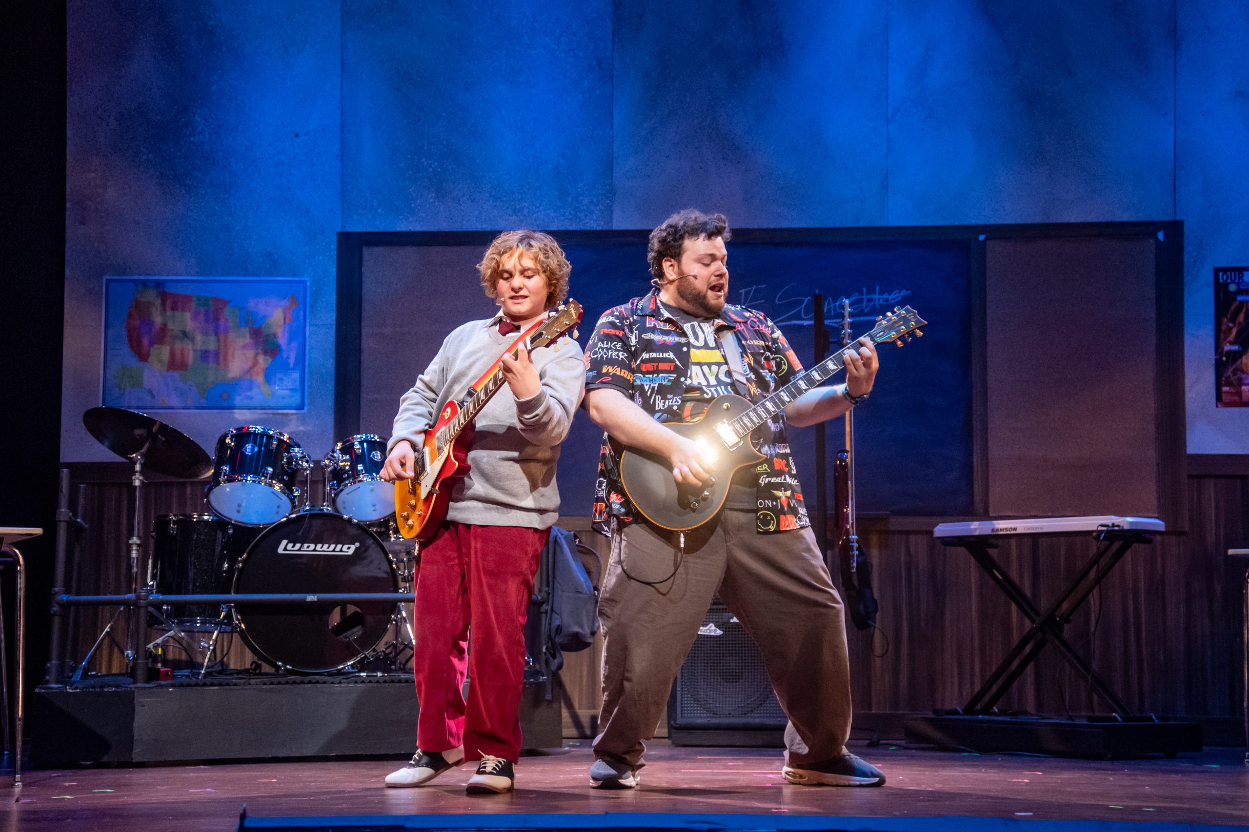 Elias Totleben and Joey Sanzaro in Skylight Music Theatre's production of "School of Rock." Photo by Mark Frohna.