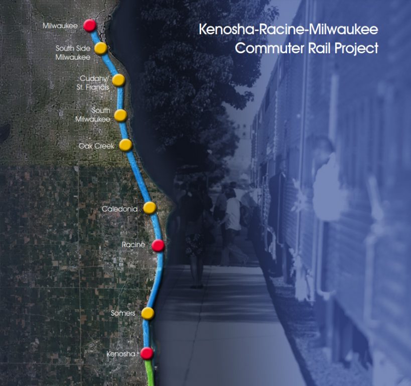 Route map of the proposed Kenosha-Racine-Milwaukee (KRM) commuter rail line. Image from New Starts grant application.