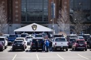 Fans gather before walking into American Family Field for the Brewers’ season opener Thursday, April 1, 2021, in Milwaukee. Angela Major/WPR