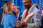 Ronna McDaniel (left), chairperson of the Republican National Committee, congratulates Gerard Randall (right), secretary of the Milwaukee Hosting Committee, after the signing of the official document selecting Milwaukee to host the 2024 Republican National Convention on Aug. 5, 2022, at the JW Marriott in Chicago. Randall additionally serves as executive director and the sole employee of the Milwaukee Education Partnership, which is facing questions over its performance while drawing no-bid contracts from Milwaukee Public Schools. (Jovanny Hernandez / Milwaukee Journal Sentinel)