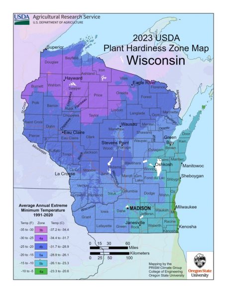 Wisconsin's 2023 plant hardiness zone map. Photo Courtesy of the USDA