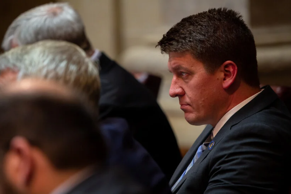Wisconsin state Sen. Eric Wimberger, R-Green Bay, is photographed during a state Senate session on June 28, 2023, in the Wisconsin State Capitol building in Madison, Wis. Drake White-Bergey/Wisconsin Watch