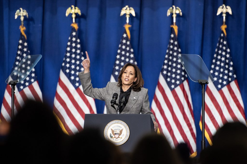 Vice President Kamala Harris gestures from the podium as she delivers a speech Monday, Jan. 22, 2024, in Big Bend, Wis. (Angela Major/WPR)