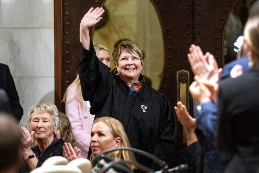 Wisconsin Supreme Court Justice Janet Protasiewicz is introduced along with other justices before Gov. Tony Evers’ State of the State address Tuesday, Jan. 23, 2024, at the Wisconsin State Capitol in Madison, Wis. Angela Major/WPR