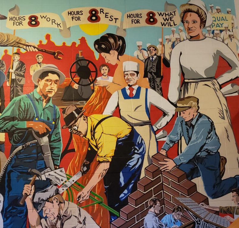 Detail of a mural inside the Madison Labor Temple building. (Wisconsin Examiner photo)