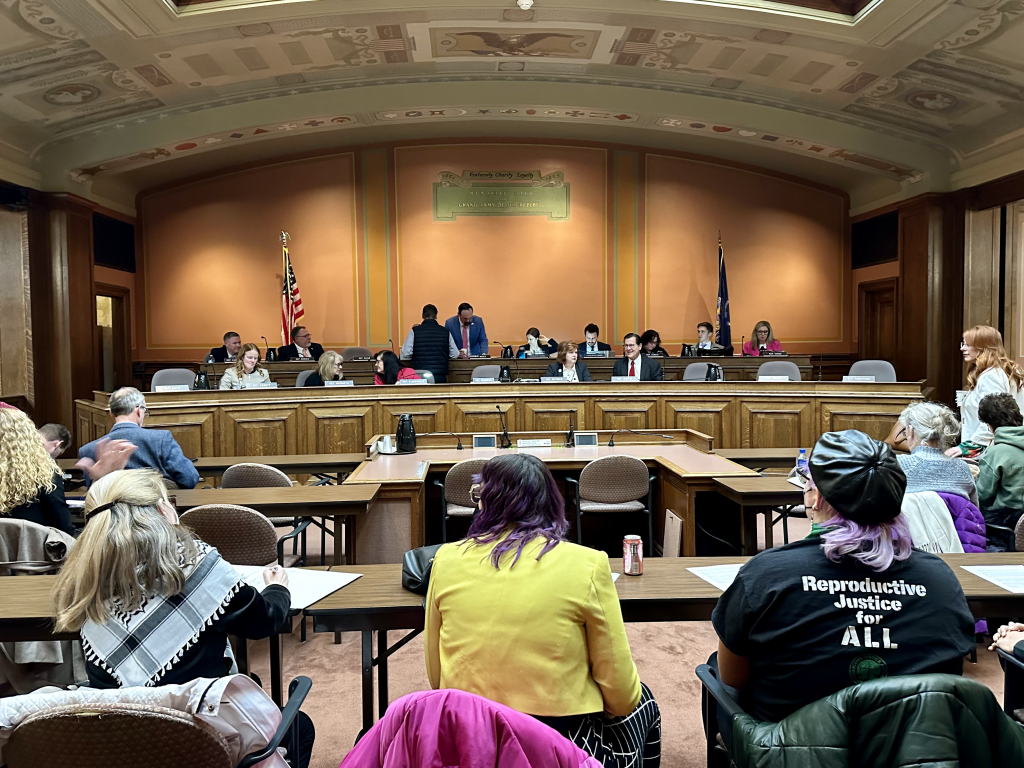 Supporters and opponents of abortion access participate in a public hearing about a proposal that would ban abortions in Wisconsin after 14 weeks at the Wisconsin State Capitol on Jan. 22, 2024. (Anya van Wagtendonk/WPR)