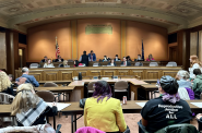 Supporters and opponents of abortion access participate in a public hearing about a proposal that would ban abortions in Wisconsin after 14 weeks at the Wisconsin State Capitol on Jan. 22, 2024. (Anya van Wagtendonk/WPR)