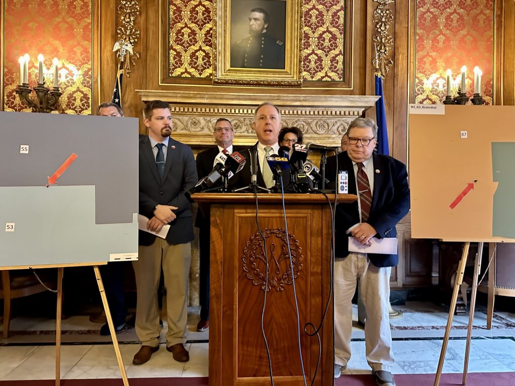 Republican Assembly Speaker Robin Vos addresses reporters before lawmakers in that house vote on state voting maps they say are based on ones submitted to the Wisconsin Supreme Court by Gov. Tony Evers. Anya van Wagtendonk/WPR