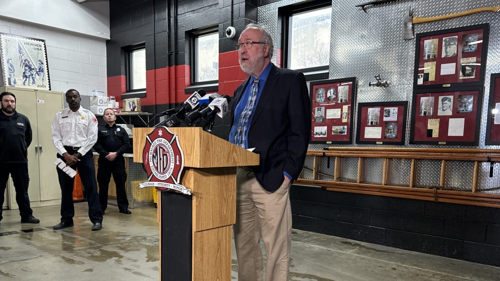 Curtis Ambulance CEO James Baker takes questions from the media on Tuesday, Jan. 30, 2024. (Evan Casey/WPR)