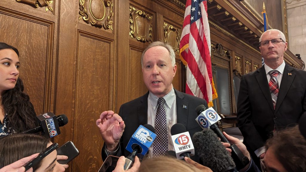  Assembly Speaker Robin Vos (R-Rochester) speaks to reporters following Evers’ address. (Baylor Spears | Wisconsin Examiner)