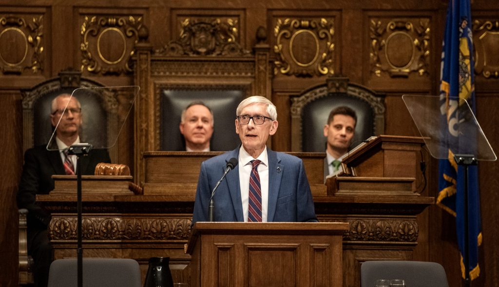 Gov. Tony Evers delivers the State of the State address Tuesday, Jan. 23, 2024, at the Wisconsin State Capitol in Madison, Wis. (Angela Major/WPR)