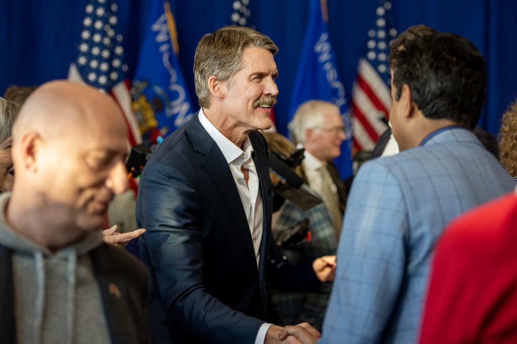 Republican Eric Hovde announces his campaign for U.S. Senate on Tuesday, Feb. 20, 2024, in Madison, Wis. Angela Major/WPR