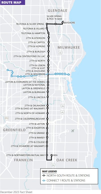 Route map for 27th Street bus rapid transit line. Image from Milwaukee County Transit System.