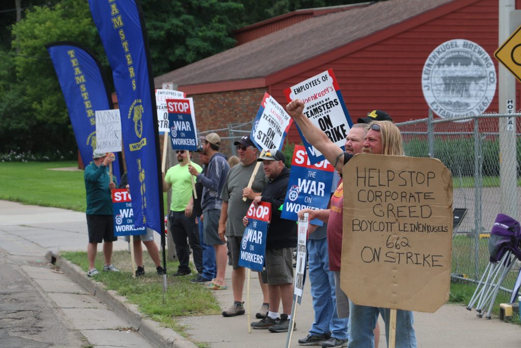 Around 40 Leinenkugel’s Brewery workers in Chippewa Falls have been on strike since July 10 in protest of wage increases they say don’t keep pace with inflation. (Rich Kremer/WPR)