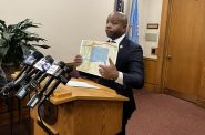 Mayor Cavalier Johnson holds up a security map (with north at his left) during a press conference on Feb. 21. Photo by Jeramey Jannene.