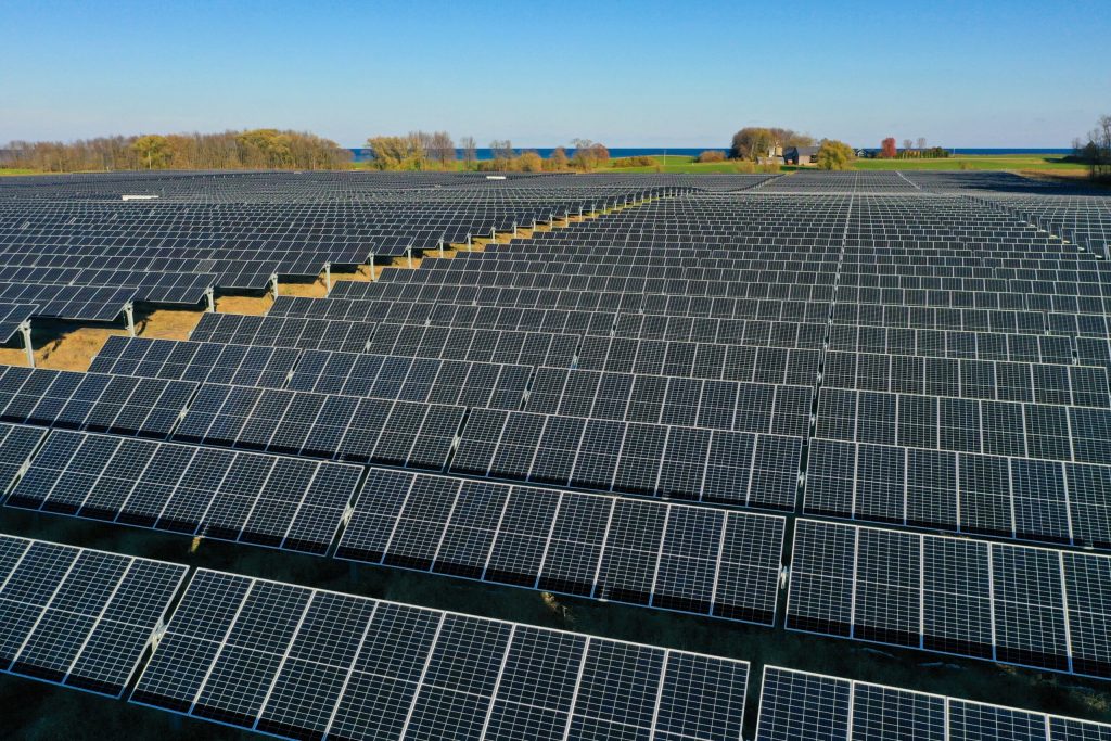 The Two Creeks solar plant in Manitowoc County went online in November of 2020. With half a million solar panels, the solar farm can provide enough power for 33,000 homes. Photo courtesy of Wisconsin Public Service