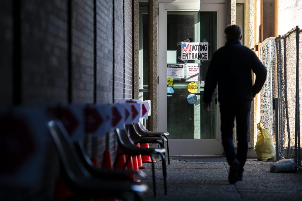 A voter approaches an early voting location Wednesday, Oct. 28, 2020, at Waukesha City Hall. Angela Major/WPR