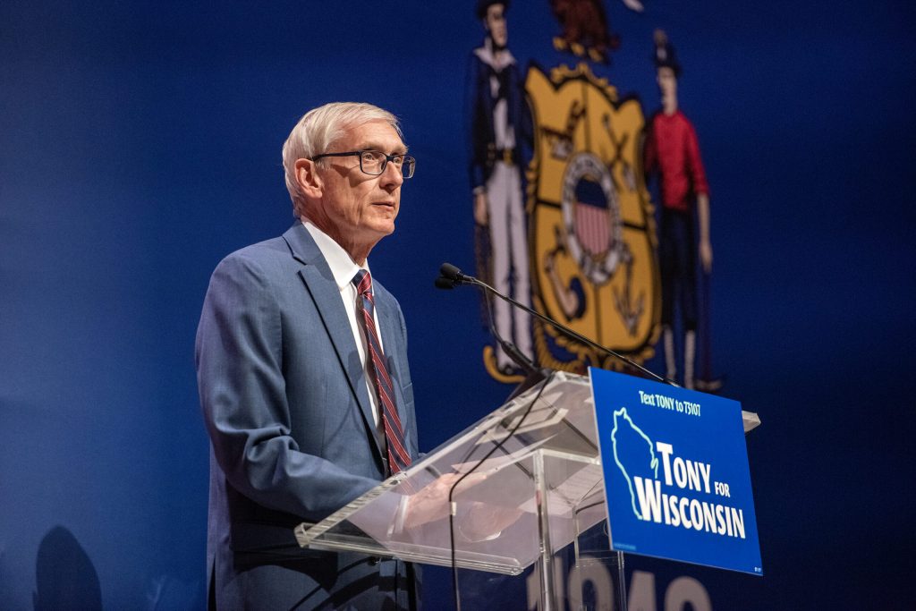 Gov. Tony Evers gives a speech after defeating Republican opponent Tim Michels on Tuesday, Nov. 8, 2022, at the Orpheum Theater in Madison, Wis. Angela Major/WPR