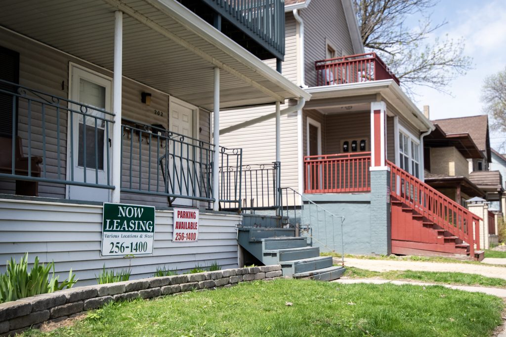 Signs are posted outside of apartments for rent Friday, May 5, 2023, in Madison, Wis. Angela Major/WPR